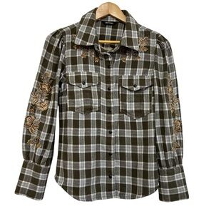 DRIFTWOOD Veranda Plaid Flannel Floral Embroidered Button Down Shirt Small